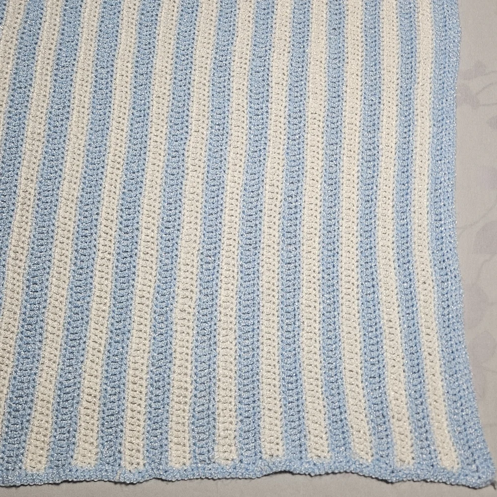 *New* Crochet  blue white stripe afghan baby throw blanket  approx. 34